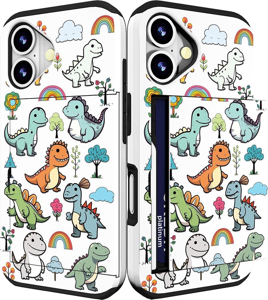 Compatible for iPhone 16 Plus Case Cute with Card Holder Shockproof Slim Slot Phone Wallet Cover for Women/Dinosaurs Childish Cartoon Animals Adorable Trees Rainbow Clouds