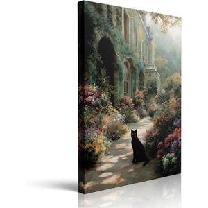 Vintage Rustic Garden Scene with Black Cat and Ivy Clad House Canvas Wall Art Framed Floral Landscape Painting Wall Decor for Country Farmhouse Home Cozy Living Room Bedroom Artwork 16x24 Inches