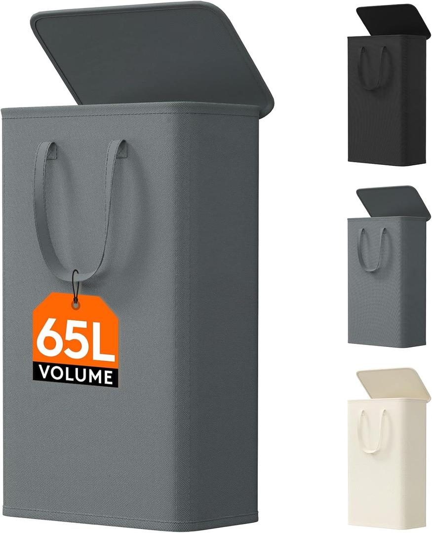 Lifewit 65L Slim Laundry Hamper, Small Laundry Basket with Lid, Dirty Narrow Collapsible Clothes Storage with Easy Carry Extended Handles, Tall Hampers for Bedroom Laundry Room, Grey, 1 Pack