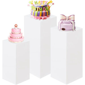 HAISIWLKJ 3PCS Square Pedestal Stands for Parties, White Metal Square Plinths Dessert Table Cube Display Pillars for Birthday Wedding Bridal Baby Shower Party Decorations (Large)