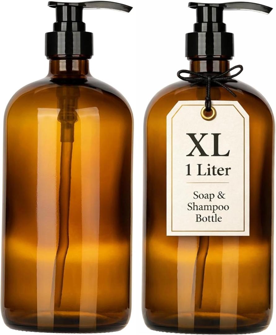 32 Ounce Glass Pump Dispenser Bottle, Large Amber Container with Pump for Shower and Bath Shampoo Soap Conditioner Lotion  1 Liter Shower Bottles by Kitchentoolz