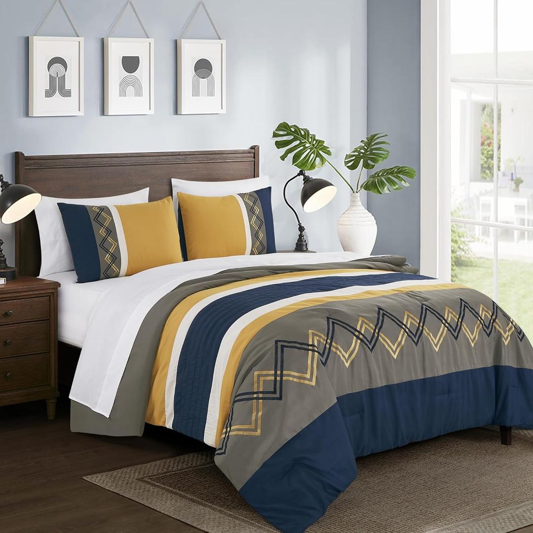 Chezmoi Collection Jaxson Bed in a Bag Queen Size 7-Piece Comforter Set with Sheets Modern Pleated Stripe Embroidered Navy/Gray/Yellow/White Zigzag Lightweight All Season Bedding