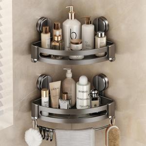 VOLPONE 2 Pack Shower Caddy Suction Cup, Corner Shower Shelves No Drilling, Showers Organizer Storage with Towel Bar & Removable Hooks, Bathroom Shower Shelf Rack for Inside Showers, Triangle