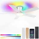 BYKISTOK Flush Mount RGB Ceiling Fan with RGB Light - 52In White Ceiling Fan Light with Reversible Mute Motor, 3CCT LED Dimmable, Low Profile Modern Ceiling Fans for Indoor, Party, Living Room