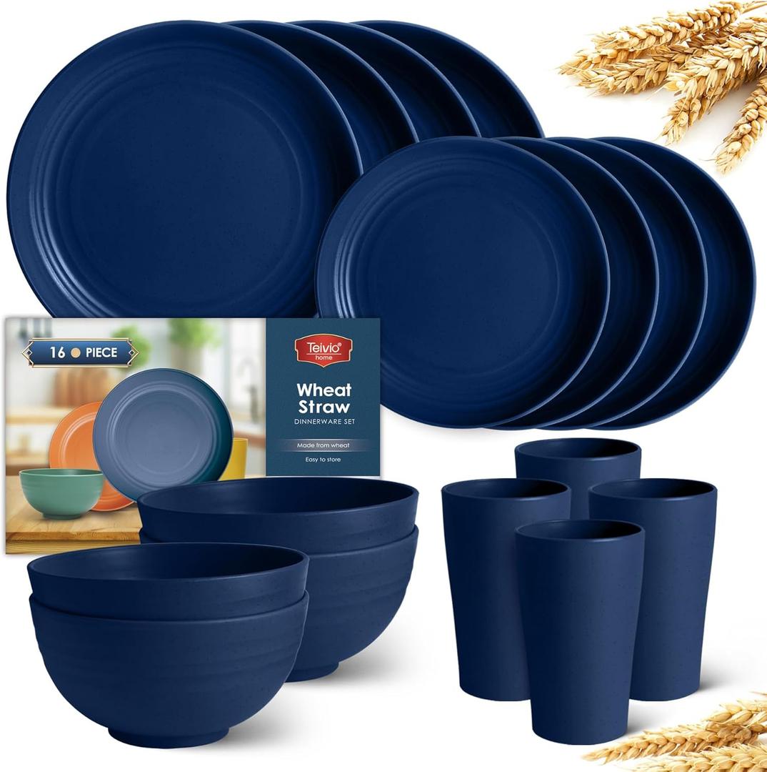 Teivio 16-Piece Kitchen Plastic Wheat Straw Dinnerware Set, Service for 4, Dinner Plates, Dessert Plate, Cereal Bowls, Cups, Unbreakable Plastic Outdoor Camping Dishes, Midnight Blue