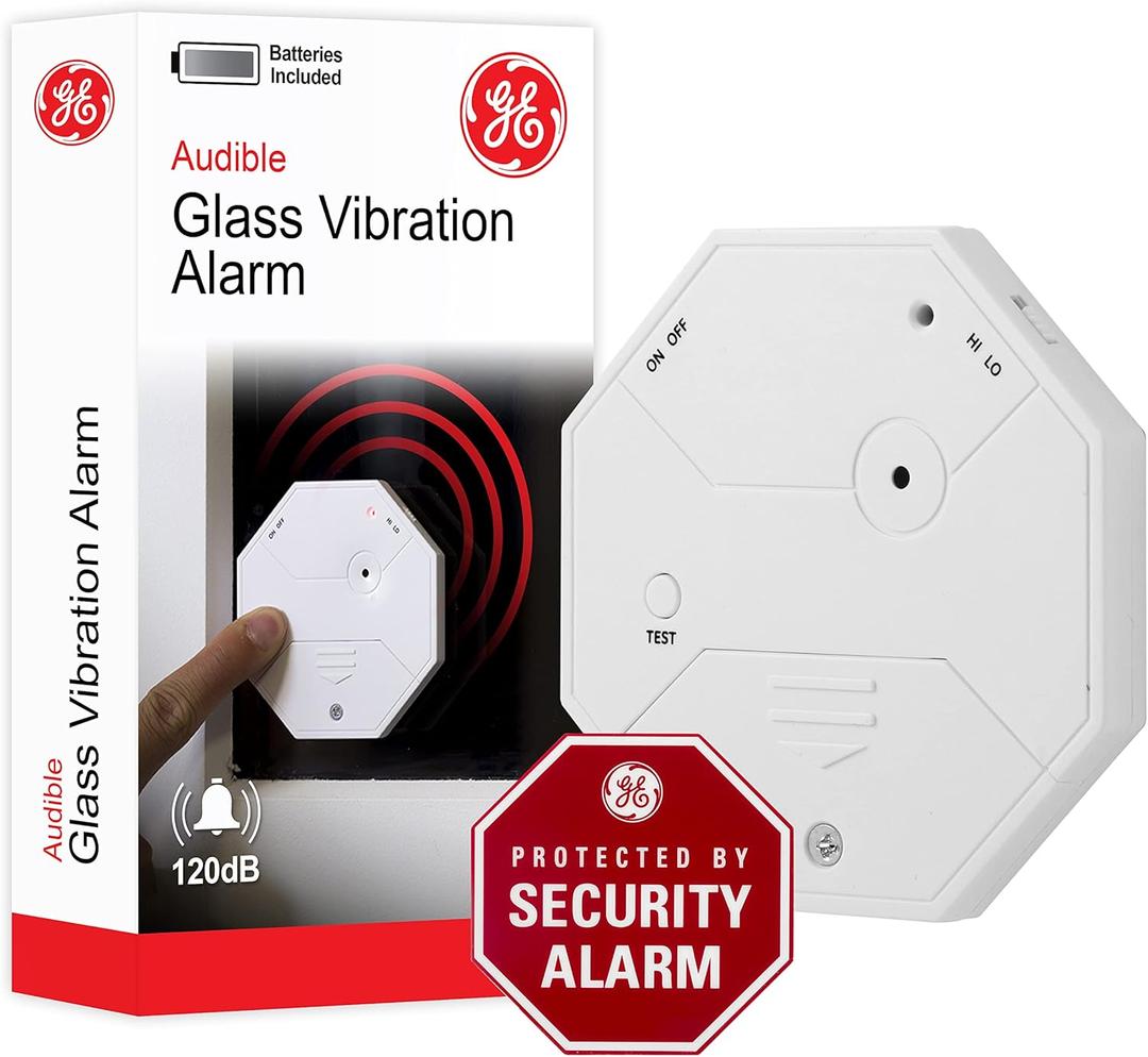 GE Personal Security Wireless Glass Vibration Alarm, Battery Operated, Detector Alarm with Security Warning Decal-DIY, Detects Glass Break & Vibration, Easy to Install, White, 36021