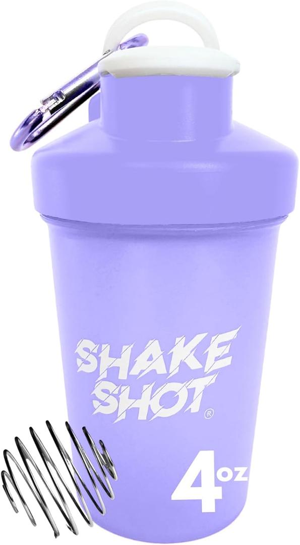 Purple - 4oz Mini Shaker Bottle for Pre Workout, Creatine, Small Scoop Supplements (Not for Protein) Clip & Shaker Ball