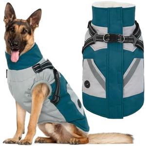IECOii Dog Winter Coat with Harness Built in, Waterproof Windproof Dog Coats for Large Dogs, Thermal Fleece Cold Weather Jackets with Zip, Outdoor Warm Snow Jacket Reflective, Turquoise Green, XL