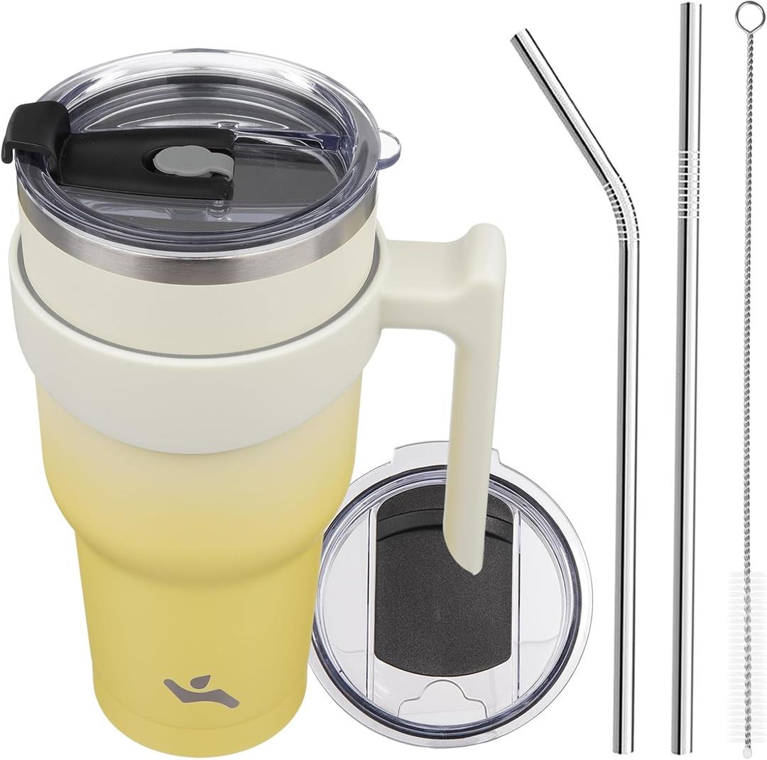 Konokyo 40 oz Tumbler with Handle and 2 Straw 2 Lid, Insulated Water Bottle Stainless Steel Vacuum Cup Reusable Travel Mug,Lemon