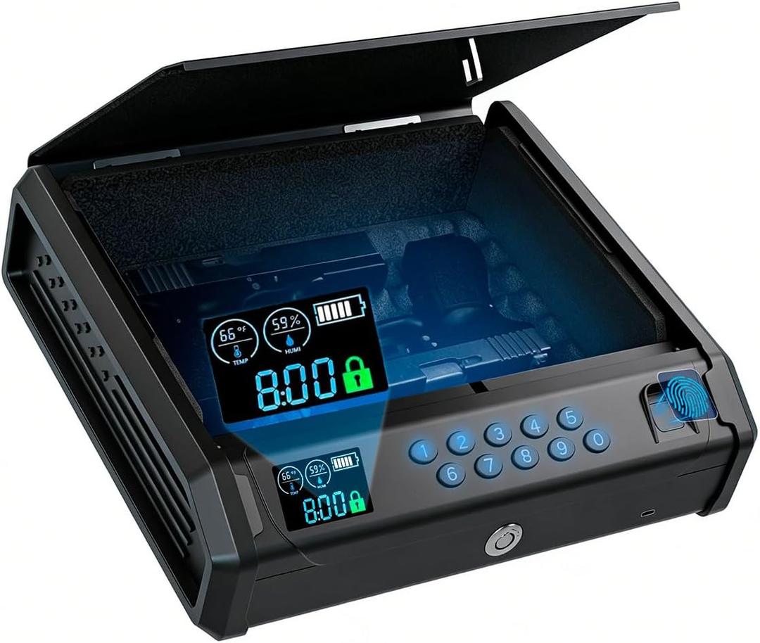 Fingerprint recognition gun safe, 3 quick access methods, can hold up to 4 hand pistols, with fingerprint/full numeric keypad/key lock, suitable for bedrooms, bedside tables, cars...