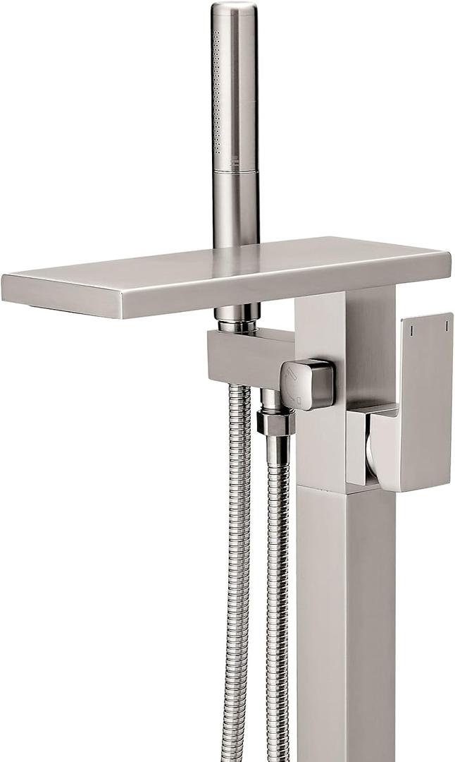 Hoimpro Floor Mount Bathtub Faucet Freestanding Waterfall Tub Filler, Brushed Nickel Single Handle High Flow Shower Faucets Mixer Bathroom Tub Faucets with 2 Function Hand Shower Wand