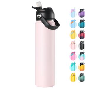 Fijinhom 24oz Insulated Stainless Steel Water Bottle, Wide Mouth Double Wall Vacuum, Silicone Straw, Sweat & Leak Proof, BPA Free Insulated Water Flask for Travel, Keep Cold 24h Hot 12h, Light Pink