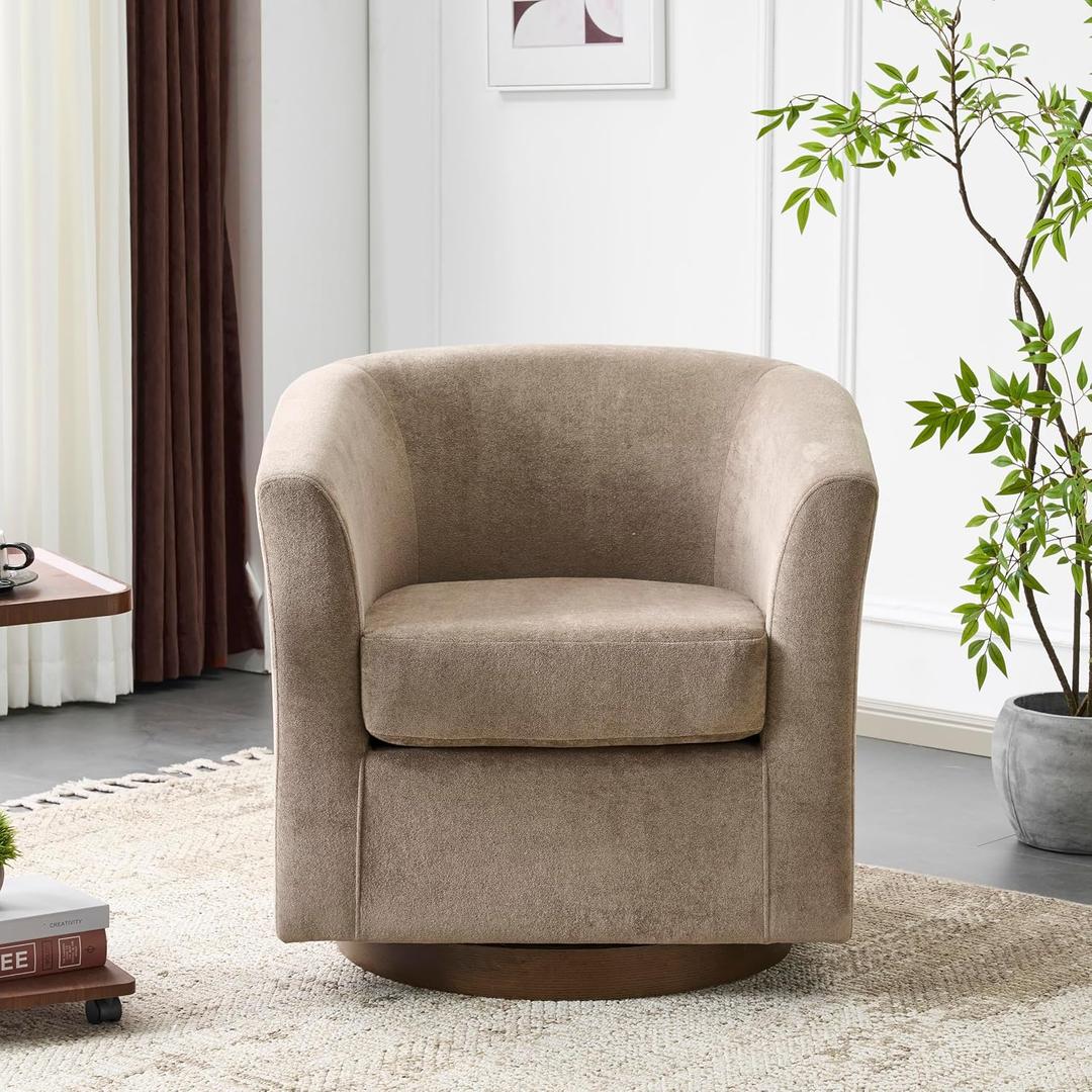 Christopher Knight Home Coles 360 Velvet Swivel Accent Chair, Living Room Barrel Swivel Chair with Iron Frame, Wooden Velvet Club Chair with Rotation, No Assembly Required, Light Brown+Walnut