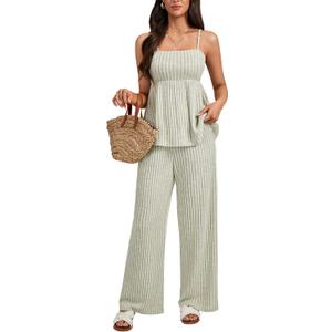 LYANER Women's 2 Piece Outfits Ribbed Knit Peplum Cami Top Wide Leg Pants Lounge Set