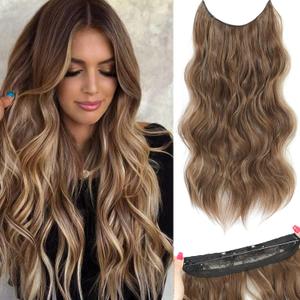 Halo Hair Extensions 16 Inch Invisible Wire Hair Extensions Medium Brown Mixed Golden Brown Transparent Headband Adjustable Long Wavy Hairpiece Size 4 Secure Clips Long Wavy Secret Wire Hairpiece