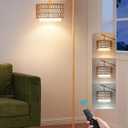EDISHINE Rattan Arc Floor Lamp with Remote,Gold Farmhouse Standing Lamp with Dimmable LED Bulb,Rattan & Fabric Double Shades,Foot Switch,Adjustable Wicker Floor Lamps for Living Room, Bedroom, Nursery