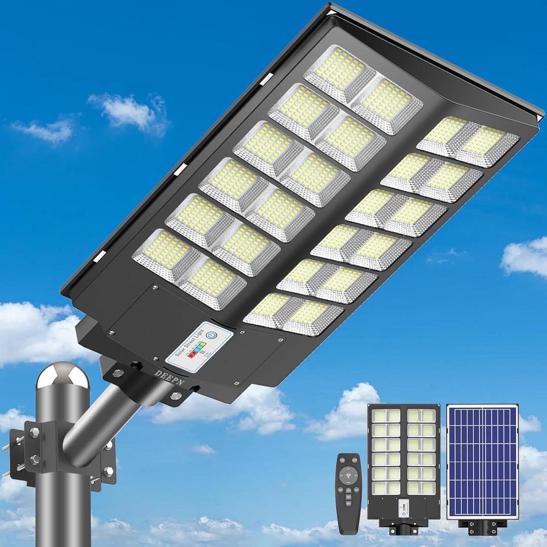 Deepn 8000W Solar Street Light, 480000 Lumens Dusk to Dawn LED Flood Lights Outdoor Motion Sensor, IP66 Waterproof Commercial Grade Solar Outdoor Lights with Remote Control for Parking Lot