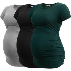 Smallshow Women's Maternity Tops Side Ruched Tunic T-Shirt Pregnancy Clothes (Black/Light Grey/Deep Green), 
Small