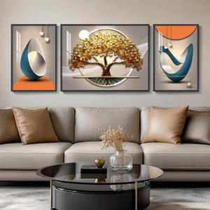 Large Framed Modern Abstract Luxury Wall Art for Living Room, 3 Piece, 24" H x 64" W, Golden Tree