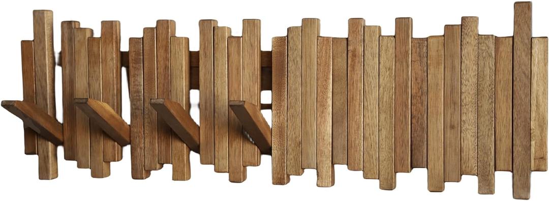 Natural Wood Wall Mounted Piano Coat Rack| Coat Rack Wall Mount| Flip Down Wall Hook Rack 7 Hooks| Entryway Wall Art Hook,Made of Acacia Wood (Wood Wax Oil staining Light Brown). ((light brown color) 7 Hooks)
