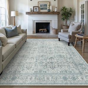 PureCozy Area Rug 6x9 Blue Washable Living Room Carpet Soft Non Slip Vintage Bedroom Indoor Office Traditional Retro Distressed Large Throw Rug for Dining Room Kitchen Playroom