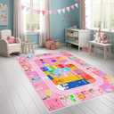 BATATADOCE Kids Play Mat - Cartoon Kids Bedroom Rug Play Mat for Learning ABC Alphabet,Numbers,Animal,Colors,Season,Cute Classroom Rug for Children Girls Bedroom Decor,Pink,4.5x6 Feet