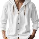 PIDOGYM Men Cotton Linen Long Sleeve Button Down Shirt Summer Casual Hawaiian Beach Tops Lightweight Fashion Hoodies (White, XXL)