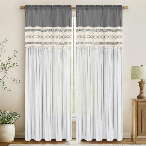 FRAMICS Linen Curtains for Living Room Grey Striped Window Curtain Farmhouse Curtains for Bedroom Boho Crochet Drapes 84 Inch Length 2 Panels Set Light Filtering Drapes Rod Pocket Window Treatment