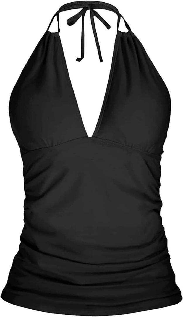 Yonique Women's Halter Tankini Top V Neck Swim Top Tummy Control Bathing Suit (X-Large, Black)