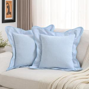 FUTEI Pack of 2 Solid Scalloped Bordered Throw Pillow Covers 20x20 Inch Soft Chenille Decorative Cushion Cases Farmhouse Accent for Couch Bed Living Room, Light Blue