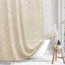 Siiluminisoy Extra Long Cream/Beige Boho Shower Curtain - Woven Fabric Farmhouse 96 Inch, 72 x 96 Tufted Chevron Textured Striped Modern Minimalist Cloth Curtain for Bathroom