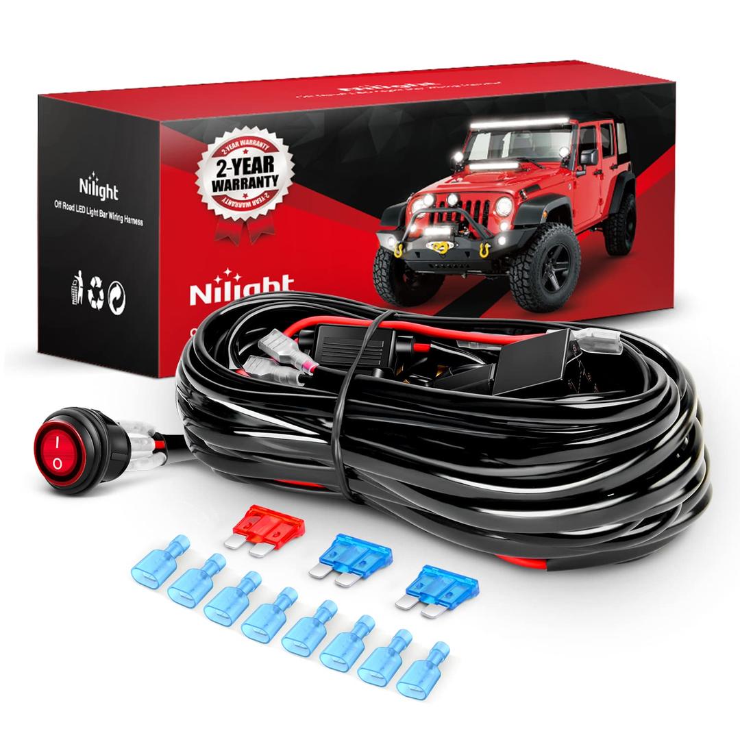 Nilight Led Light Bar Wiring Harness Kit 16AWG 12V On-Off Waterproof Switch Power Relay Blade Fuse-4 Leads