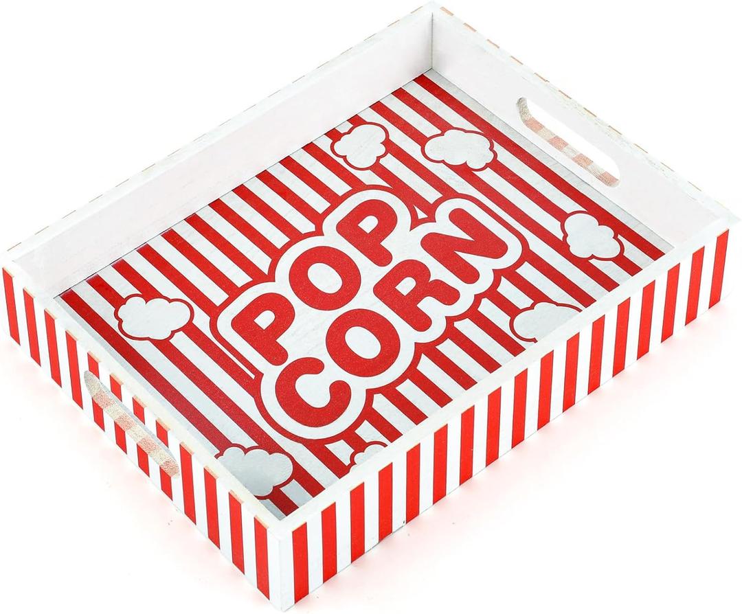 clothmile Movie Night Tray with Handles Wooden Snack Trays with Handles Reusable Snack Storage Box Movie Night Supplies for Countertop Theater Popcorn Bucket Bowl Box Container Family Room Decor