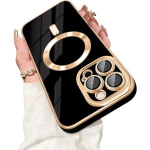 Dinick Designed for iPhone 14 Pro Max Case with Magnetic [Built-in Camera Cover] Compatible with MagSafe Soft TPU Glitter Cover Anti-Scratch Protective Slim for iPhone 14 Pro Max Case Black and Gold