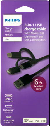 Philips 3-in-1 USB Charge Cable, 6 ft 
