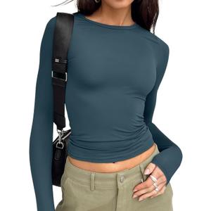 Trendy Queen Womens Long Sleeve T Shirts Fall Fashion 2025 Basic Crop Tops Going Out Outfits Y2k Clothes (Medium, Haze Blue)