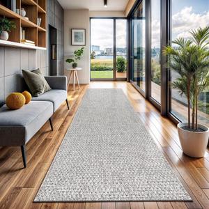 CAMILSON Indoor and Outdoor Runner Rug Gray Solid Boho Woven Design Easy-Cleaning Non Shedding Farmhouse Living Room Bedroom Garden Patio and Kitchen Washable Outside Carpet Alfombras (2'x7') (Basketweave/Silver)