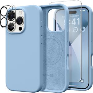 GONEZ Magnetic for iPhone 16 Pro Case, Compatible with MagSafe, [Screen Protector + Camera Lens Protector], Silicone Shockproof Anti-Scratch Protective Phone Case 6.3 inch, Mist Blue