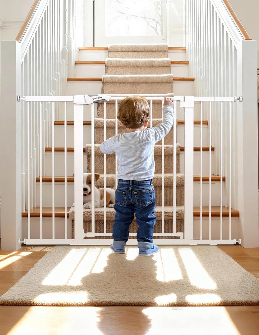 BABELIO 29-55 Inch Extra Wide Baby/Dog Gate, PressGuard P7, Metal Auto Close, Pressure Mounted Pet Door for Doorways, NO Need Tools and Drilling, with Wall Cups, White