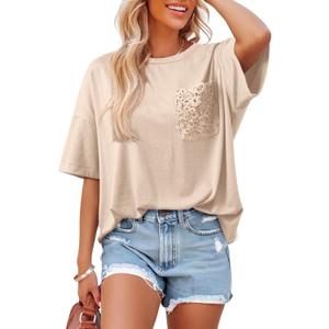 Dokotoo Womens Tops Cute Lace Summer Short Sleeve 2026 Oversized Casual T Shirts Lace Pockets (Beige, M)