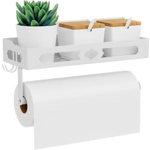 White Paper Towel Holder Wall Mount with Shelf - Adhesive Hand Towel Rack, Space-Saving for Bathroom, Kitchen, RV Camper