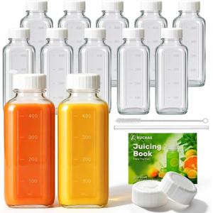 Ruckae 16oz 12 Pack Glass Juice Bottles with Lids - Reusable Square Glass Juice Bottles with Leak-Proof Lid & Capacity Marks for Containers Juice,Milk,Smoothies