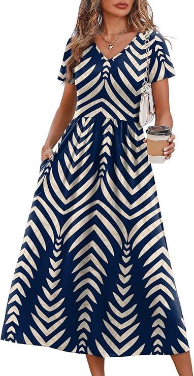 OFEEFAN Summer Dresses for Women Flowy Casual A-Line Midi Dress Beach Vacation Sundresses with Pockets Size Small