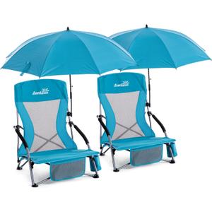 Folding Beach Chair with Umbrella for Adults, 2 Pack Portable Low Beach Chairs with 300lbs Capacity, Lightweight Fodable Camping Chair for Travel, Picnic, Concert & Outdoor Activities, Blue