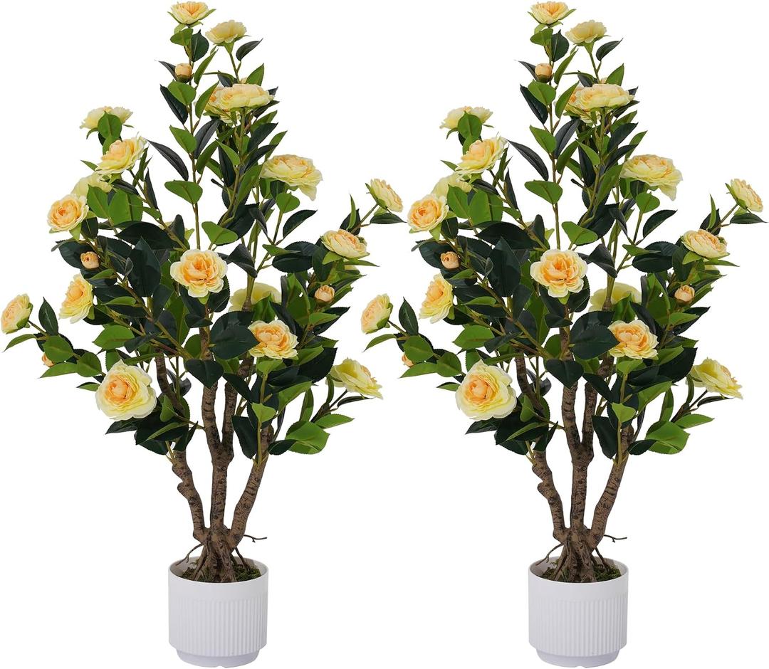 2 Pack Artificial Camellia Tree with White Pot, 38" Faux Potted Plants for Indoor Outdoor Decor, Tall Silk Greenery Plant for Home Offce Living Room Balcony, Yellow