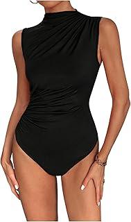 SweatyRocks Women's Mock Neck Ruched Bodysuit Sleeveless Solid Casual Jumpsuit Tops (Black, Large)