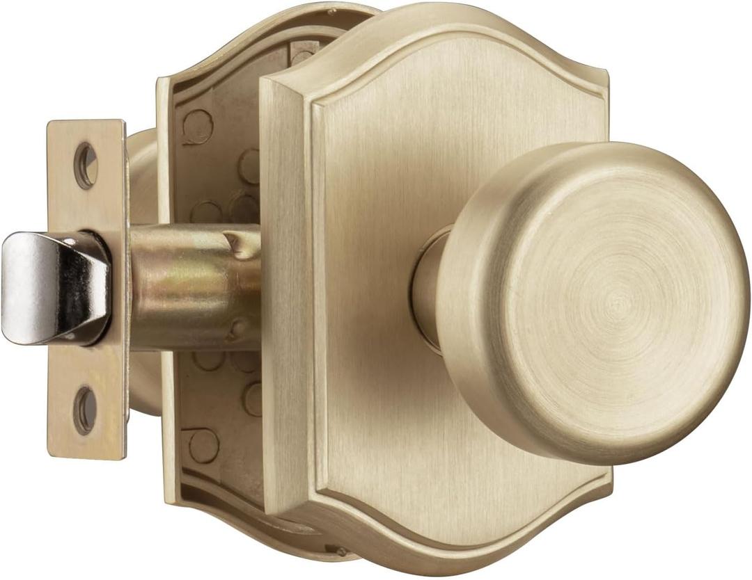 Interior Pismo Doorknobs for Hall, Gold Door Knobs with Camelot Trim, Satin Brass Door Knob with Lock