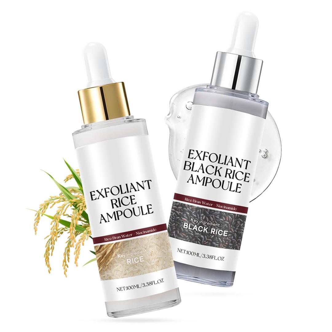 2PCS Rice Exfoliating Ampoule Set  Black & White Rice Brightening Duo for Glowing Skin | Gentle Peel + Pore Minimizing & Deep Hydration
