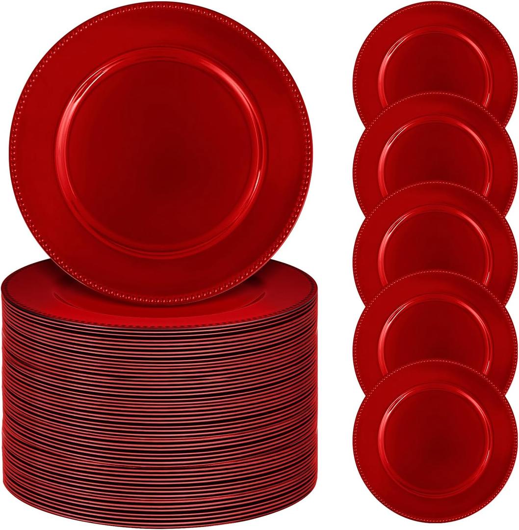 50 Pcs Red Charger Plates Bulk, 13" Round Beaded Plate for Dinner, Decorative Plastic Table Chargers for Wedding, Holiday Party, Baby Shower, Event Decoration