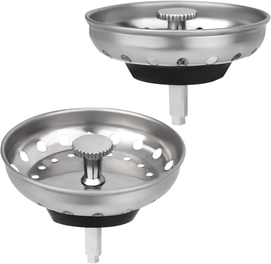 Uni-Green - 2 Pack - Kitchen Sink Strainer and Stopper Kit Basket - Replacement for US Standard 3-1/2 Inch Kitchen Sink Drain - 304 Stainless Steel Basket with Knob - Rubber Sink Stopper Bottom